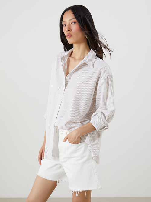 LCW Vision Bej Çizgili Oversize Kadın Gömlek