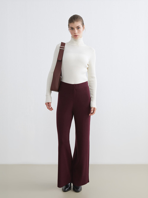 LCW Modest Bordo Beli Lastikli Geniş Paça Kadın Triko Pantolon