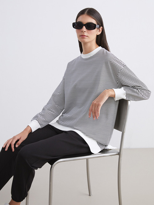 LCW Modest Siyah Büyük Beden Bisiklet Yaka Çizgili Kadın Sweatshirt Tunik