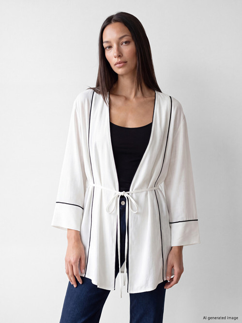 LCW STUDIO Beyaz V Yaka Çizgili Kadın Kimono