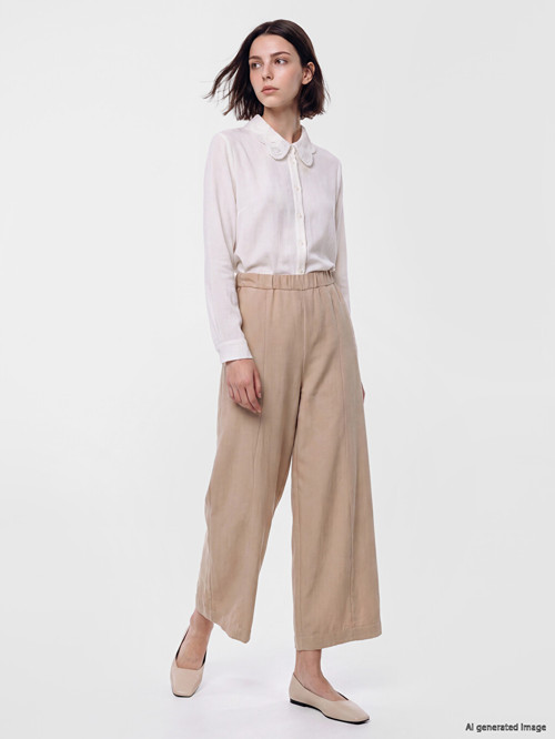 LCW Modest Bej Beli Lastikli Geniş Paça Kadın Pantolon
