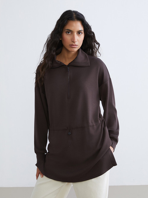LCW Modest Kahverengi Dik Yaka Kadın Sweatshirt Tunik