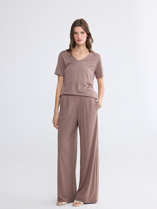 LCWAIKIKI Basic Kahverengi Beli Lastikli Geniş Paça Kadın Pantolon