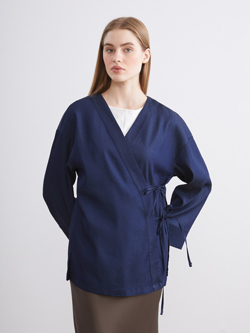 LCW Modest İndigo Kruvaze Yaka Kadın Kimono