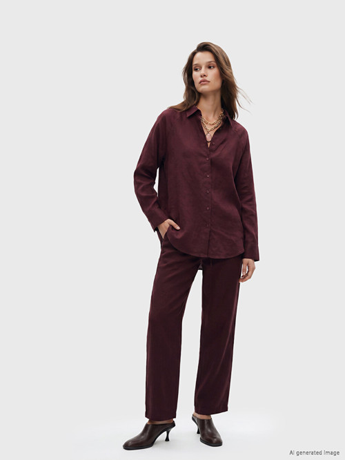 LCW Modest Mürdüm Beli Lastikli Kadın Keten Pantolon