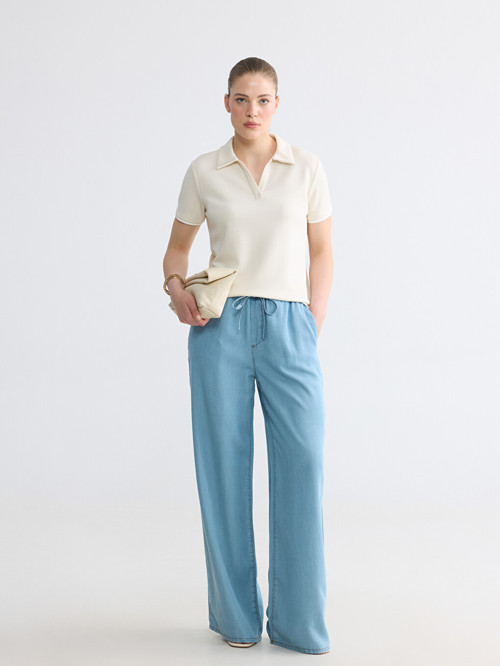 LCW Comfort İndigo Beli Lastikli Wideleg Kadın Jean Pantolon