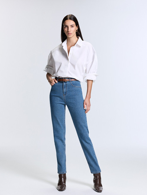 LCW Jeans İndigo Beli Kemerli Mom Fit Kadın Jean Pantolon