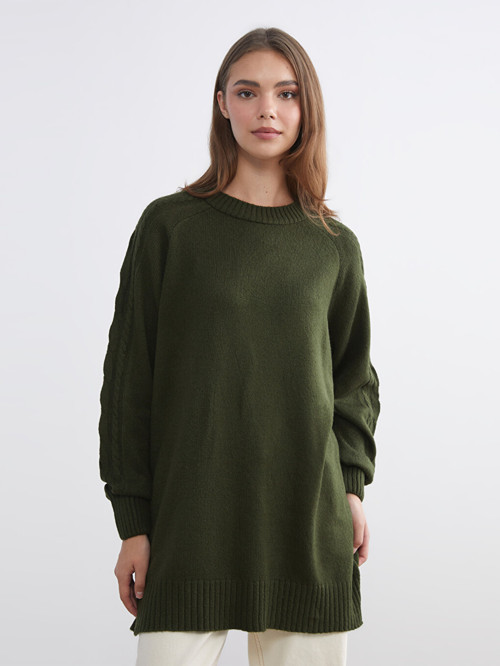LCW Modest Yeşil Bisiklet Yaka Kadın Triko Tunik
