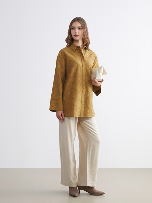 LCW Modest Bej Beli Lastikli Geniş Paça Kadın Pantolon