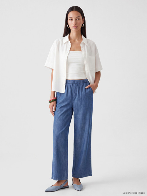 LCWAIKIKI Classic İndigo Beli Lastikli Wideleg Kadın Jean Pantolon