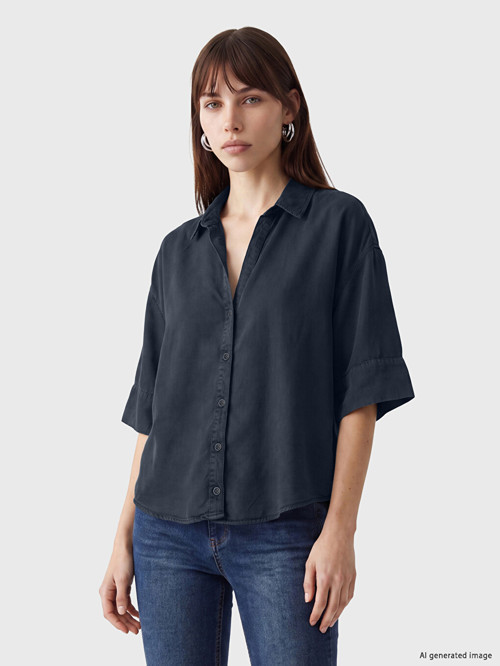 LCW Vision Lacivert Oversize Kadın Jean Gömlek