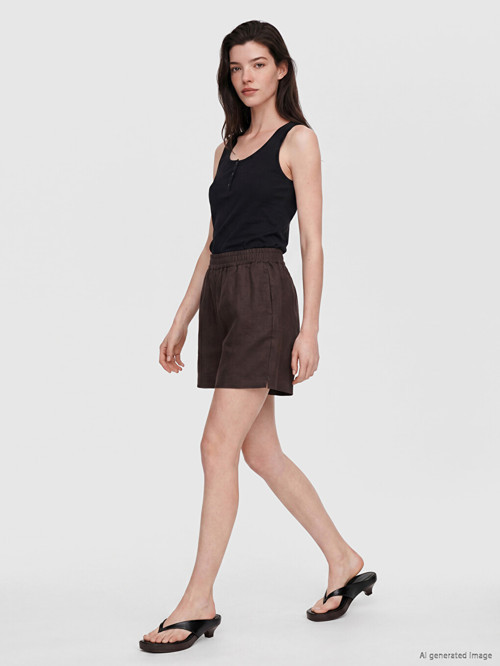 LCW Comfort Kahverengi Beli Lastikli %100 Keten Kadın Şort