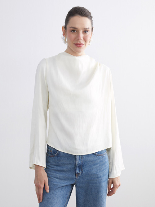 LCWAIKIKI Classic Beyaz Dik Yaka Oversize Büzgülü Bluz