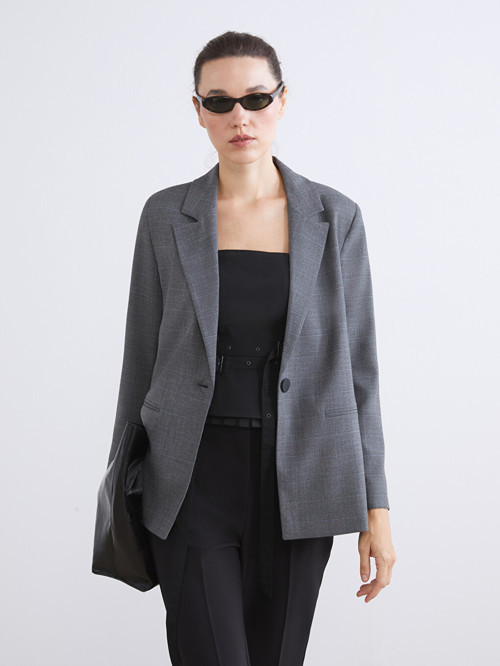 LCWAIKIKI Classic Gri Ekose Kadın Blazer Ceket