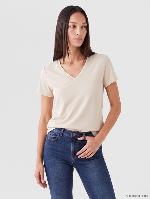 LCW EVERYDAY Gri V Yaka Soft Touch Kadın Tişört