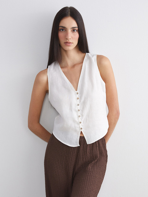 LCW Vision Beyaz V Yaka %100 Keten Kadın Klasik Yelek
