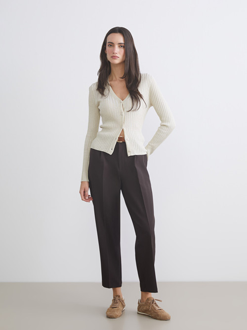 LCW Vision Kahverengi Beli Kemerli Loose Fit Kadın Pileli Pantolon