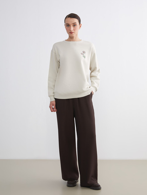 LCW Comfort Kahverengi Beli Lastikli Geniş Paça Kadın Pantolon