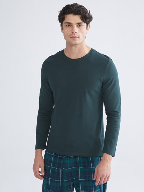 LC WAIKIKI Yeşil Bisiklet Yaka Uzun Kollu Erkek Pijama Üst