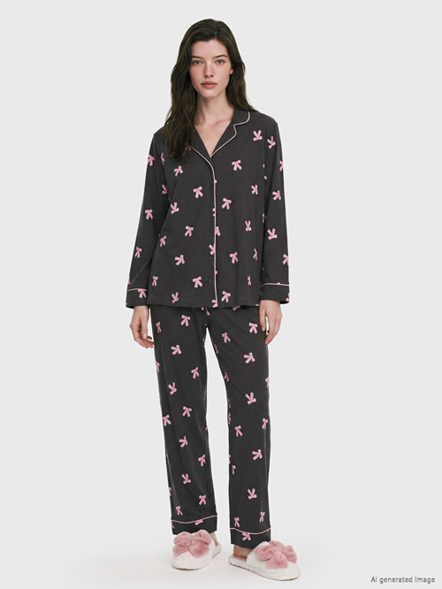 LCW DREAM Gri Gömlek Yaka Desenli Hamile Pijama Takımı