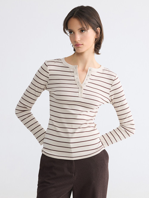 LCW EVERYDAY Kahverengi Bisiklet Yaka Çizgili Kadın Body