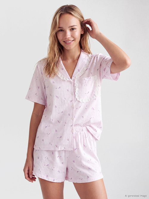 LCW DREAM Ekru Fırfırlı Ekose Kadın Şortlu Pijama Takımı