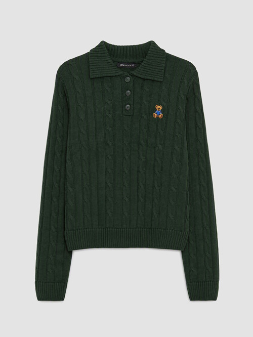 LCW Modest Yeşil Polo Yaka Desenli Kadın Triko Kazak