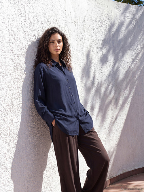LCW Modest Lacivert Modal Karışımlı Oversize Kadın Gömlek Tunik