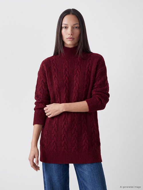 LC WAIKIKI Bordo Yarım Balıkçı Yaka Desenli Kadın Triko Tunik