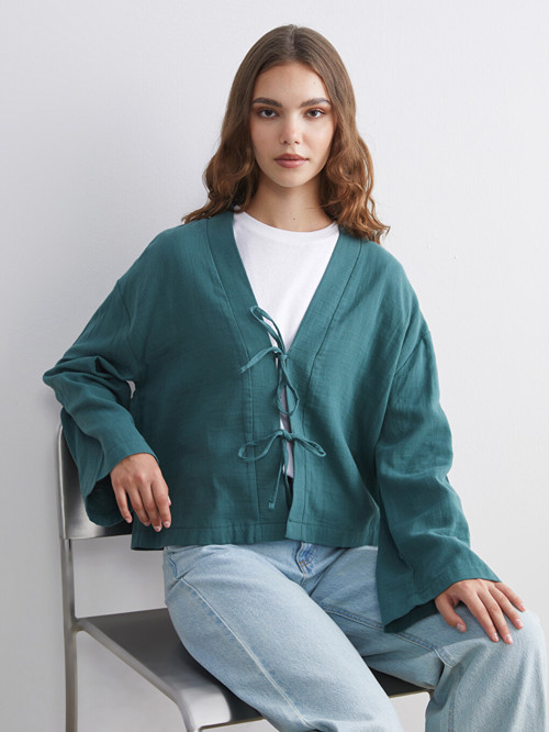 LCW Modest Yeşil V Yaka Oversize Müslin Kadın Kimono