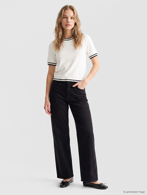 LCW Jeans Siyah Petite Wideleg Kadın Jean Pantolon