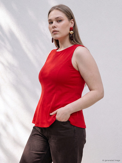 LCWAIKIKI Curve Kırmızı Büyük Beden Fırfırlı Peplum Bluz