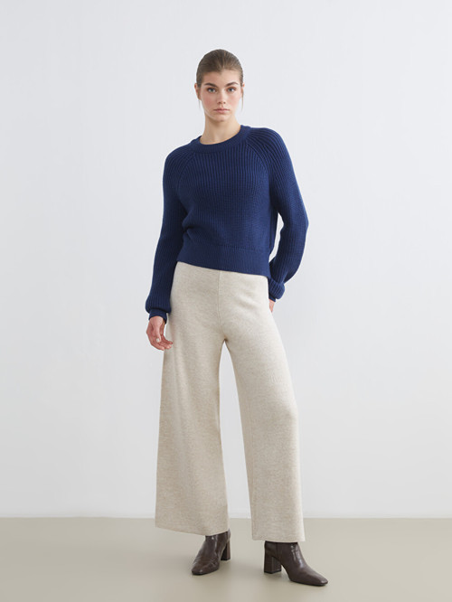 LCW Modest Ekru Beli Lastikli Geniş Paça Kadın Triko Pantolon