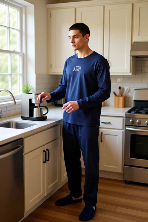 Erkek Nakışlı Bisiklet Yaka Uzun Kollu Pijama Takımı Fonksiyonel Dayanıklı Kaliteli Modern