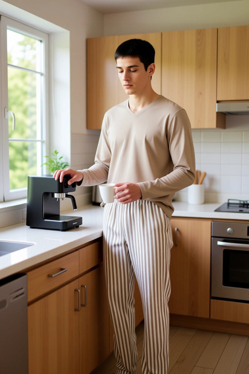 Erkek Vizon Çizgili Regular Fit Örme Pijama Takımı Fonksiyonel Dayanıklı Kaliteli Konforlu