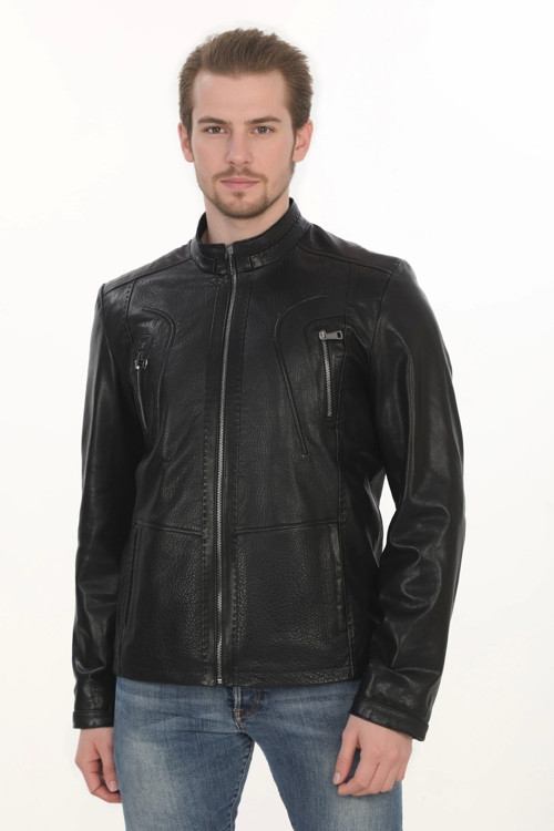 Erkek Motorcu Ruhuna Hitap Eden Derimont Slim Fit Hakiki Kuzu Derisi Siyah Erkek Deri Ceket