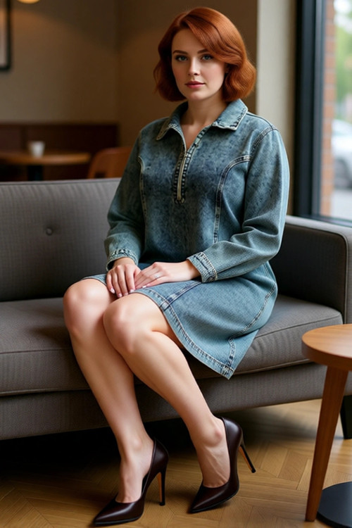 Kadınlar İçin Mavi Denim Shift Kalıp Gömlek Yaka %100 Pamuk Uzun Kollu Mini Elbise Kaliteli