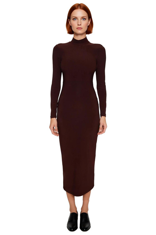 Kadın Dik Yaka Bodycon Kesim Maxi Elbise Polyester Karışımlı Örme Uzun Kollu Kışlık Zarif Tasarım