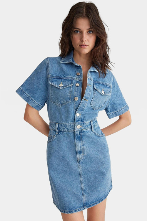 Denim Gömlek Elbise Kısa Kollu Midi Boy Pamuk Casual Mükemmel Uyum Konforlu Kesim Seçkin Malzeme