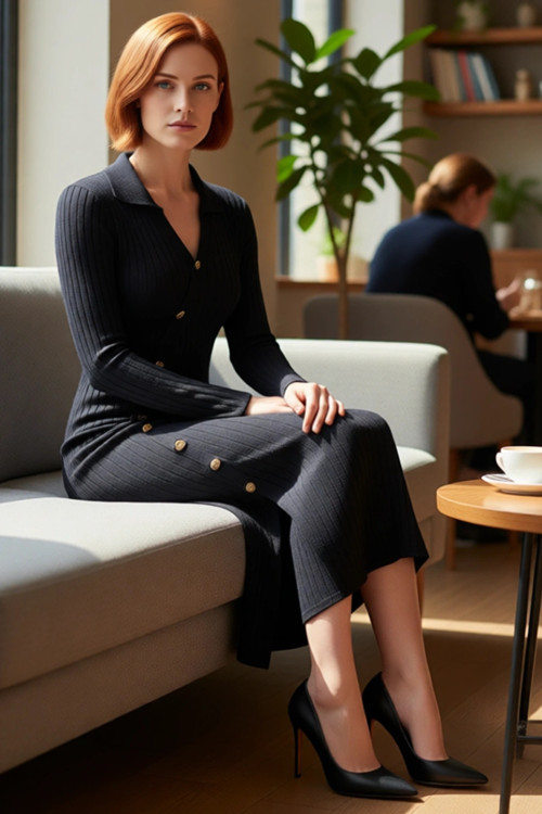 Kadın Bodycon Fitilli Triko Midi Elbise Asimetrik Düğme Detaylı Uzun Kollu Şık ve Konforlu Akrilik