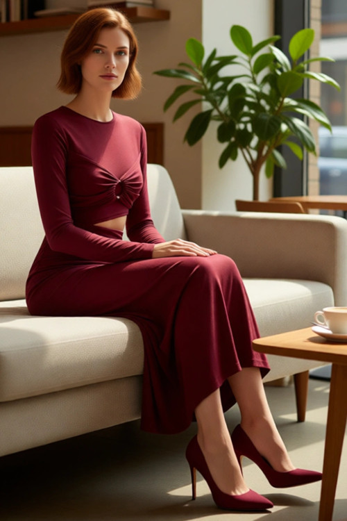 Kadın Bordo Bodycon Kesim Aksesuar ve Bel Cut Out Detaylı Uzun Kollu Maxi Elbise Şıklık Katıyor