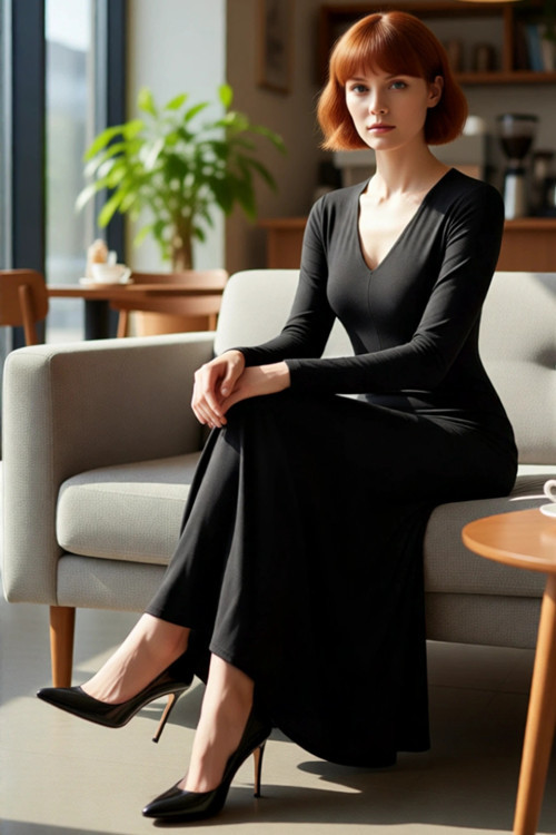 Kadın Maxi Bodycon Kalıp V Yaka Uzun Kollu Düz Desen Yırtmaç Detaylı Şık Modern Örme Elbise
