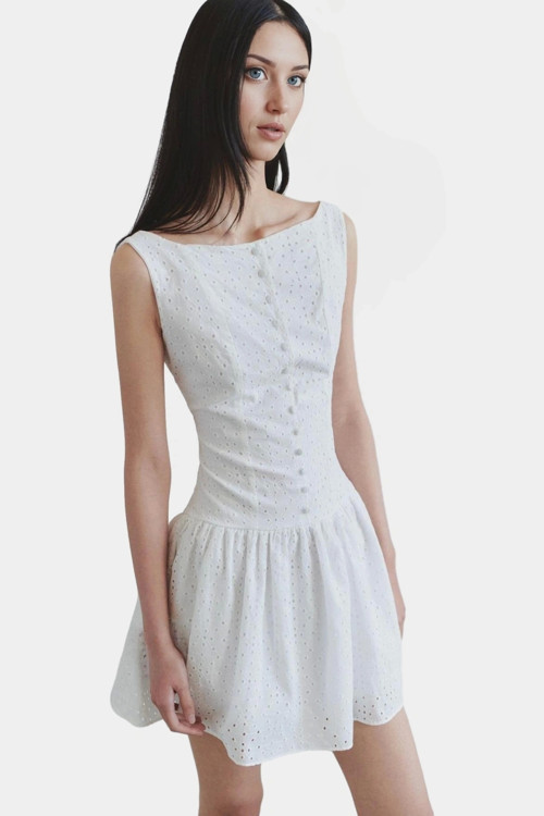 Yazlık Brode Mini Elbise Kayık Yaka Pamuklu Astarlı Mükemmel Uyum Trend Tasarım
