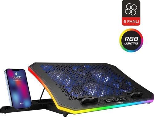 Ad-rc34 Metafor Siyah Rgb 6 Fanlı Telefon Tutuculu Rgb Işıklı 10-19inç Notebook Soğutucu Stand