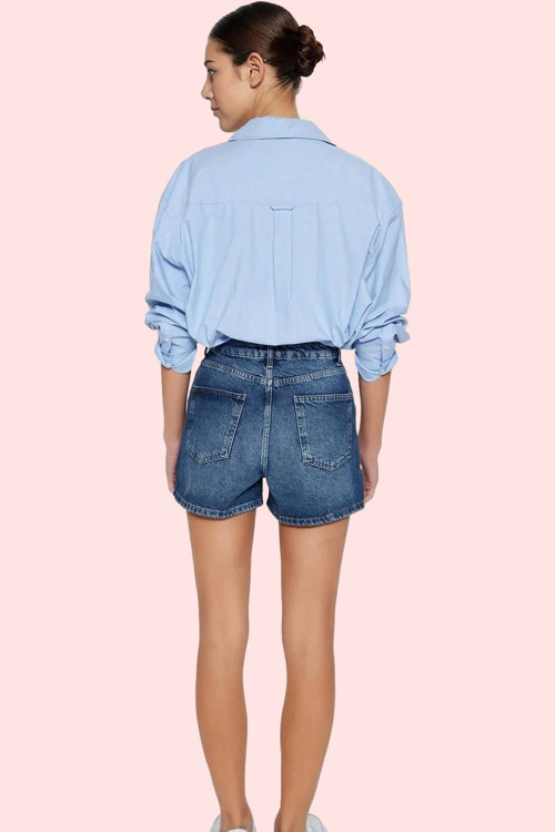 Kadın Yüksek Bel City Short Denim Şort Düz Desen Regular Boy Pamuklu Günlük Kullanım Hafta Sonu