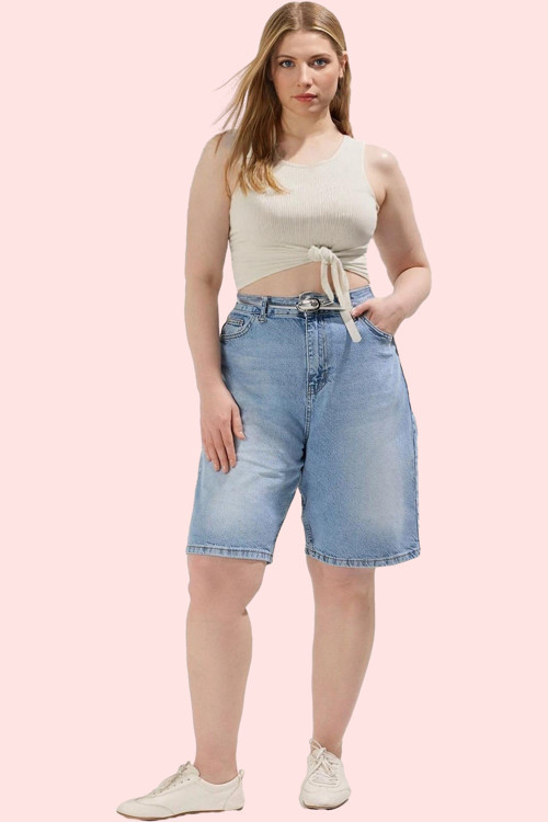 Kadın Denim Şort Yüksek Bel Straight Fit Kısa Boy Pamuklu Günlük Kullanım Kaliteli Malzeme