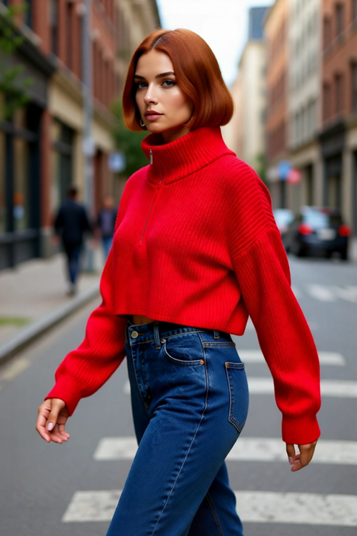 Kadın Oversize Crop Fermuarlı Dik Yaka Selanik Dokuma Akrilik Triko Kazak Kış Günlük Kombinler İçin