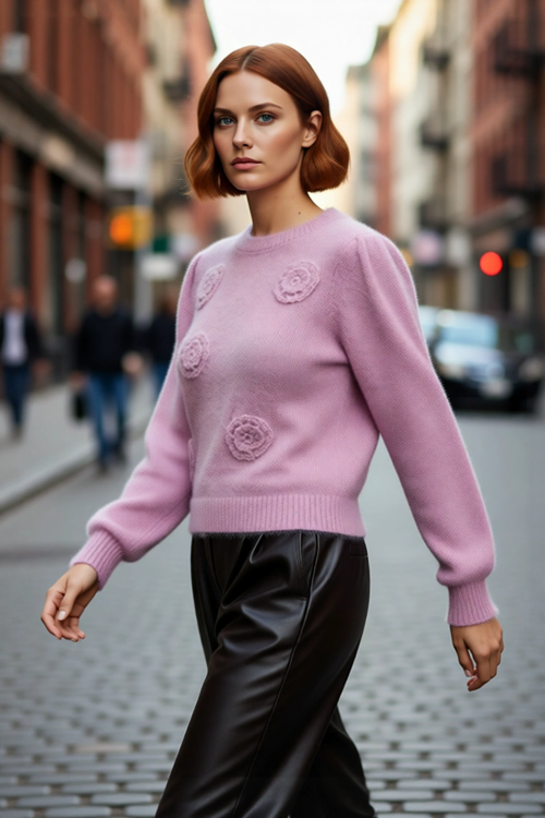 Kadın Basic Bisiklet Yaka Uzun Kollu Nakışlı Pembe Triko Kazak Kış Sezonu İçin Şık Ve Rahat Bir