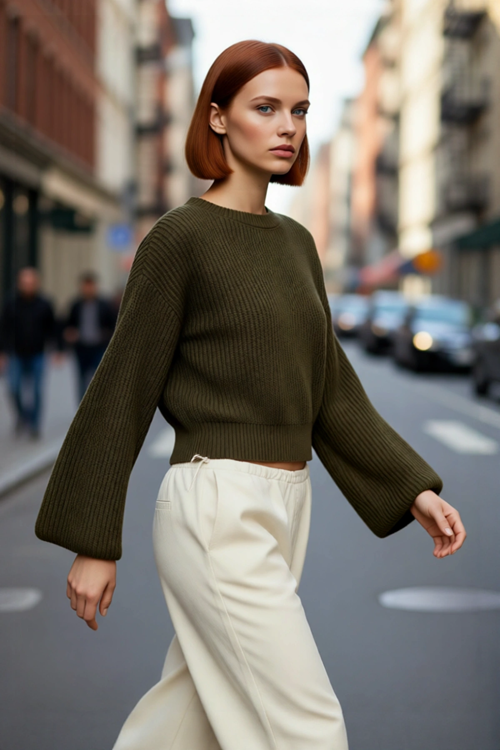 Kadın Oversize Gri Akrilik Selanik Dokuma Super Crop İspanyol Kol Triko Kazak Günlük Stilinize