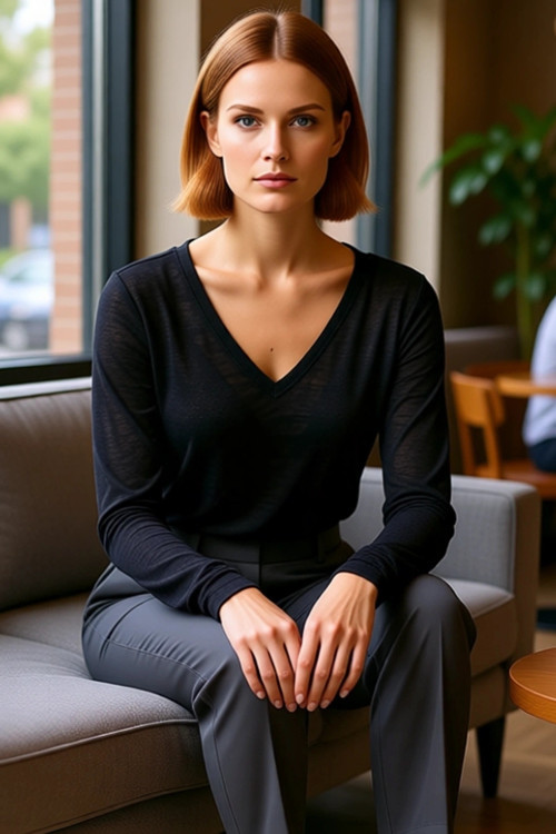 Kadın Regular Kalıp V Yaka Uzun Kollu İnce Örme Bluz Polyester Keten Görünümlü Basic Stili Kışlık